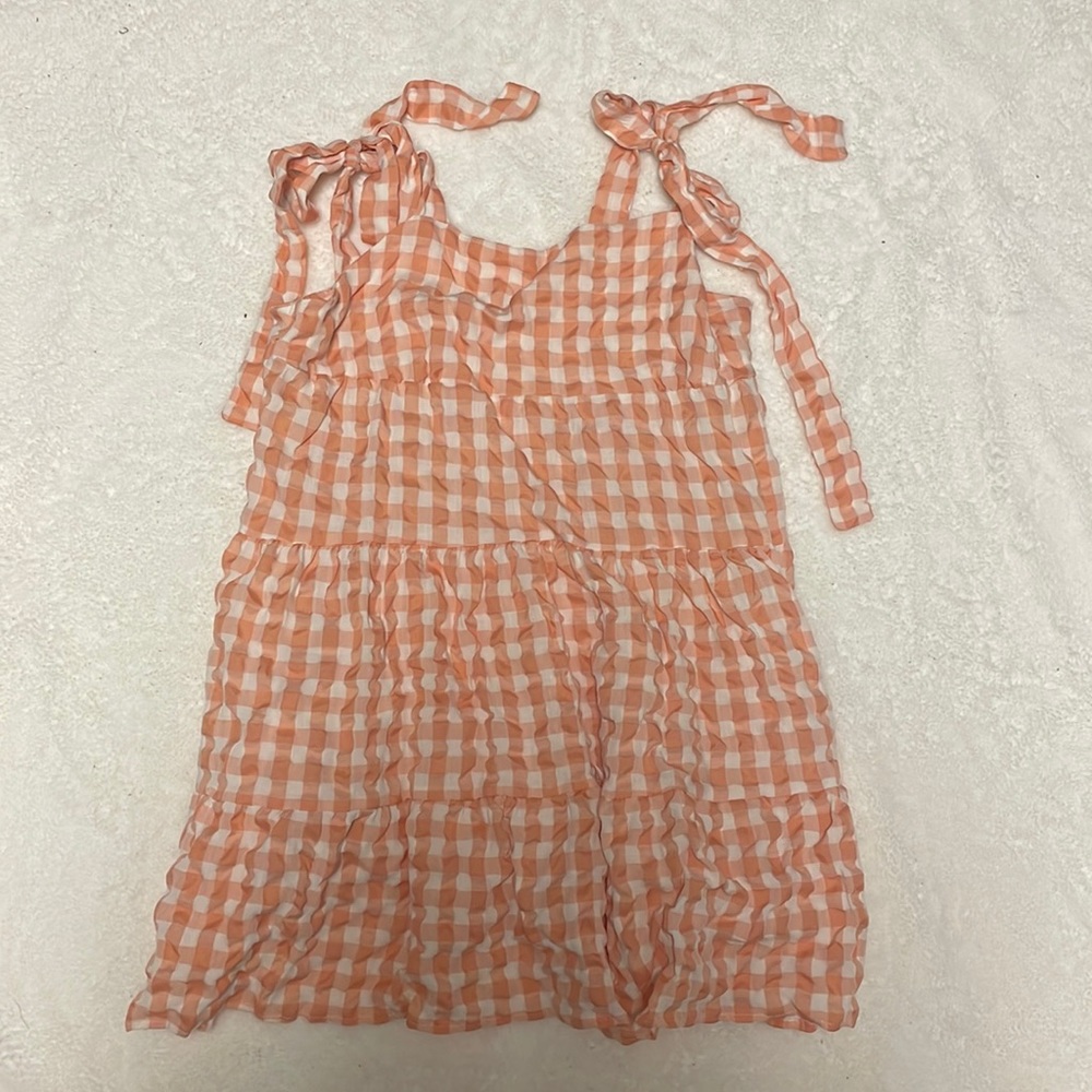 Peach Gingham Tie-Shoulder Mini Dress